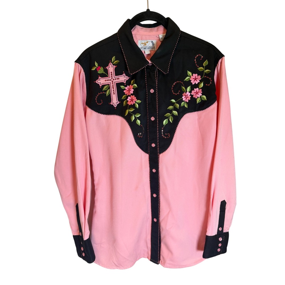 Panhandle Slim Womens Western Shirt Pink Black Embroidered Cross Floral Large